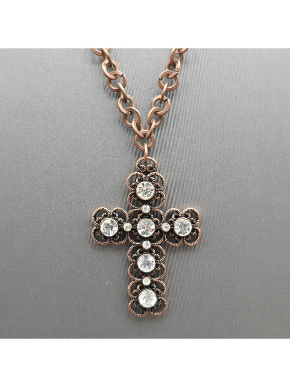 Etruscan Revival Copper Plated Stainless Steel Cross Pendant Necklace Rhinestone